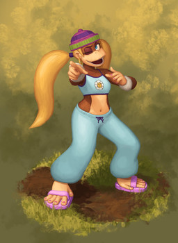 5_fingers 5_toes anthro blonde_hair blue_eyes bottomwear breasts brown_body brown_fur clothed clothing colored_nails ear_piercing ear_ring feet female fingers footwear fully_clothed fur gesture grass hair hand_gesture hat headgear headwear hoop_ear_ring long_hair medium_breasts midriff nails navel one_eye_closed open_mouth open_smile outside piercing plant pointing pose ring_piercing sandals shoes smile solo standing teeth toes tongue topwear wide_hips wink redustheriotact donkey_kong_(series) nintendo tiny_kong haplorhine kong mammal monkey primate absurd_res hi_res