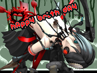 asian_clothing bent_backwards black_bottomwear black_clothing black_skirt bottomwear breasts censored_breasts clothed clothing cybernetic_eye cybernetics female glowing glowing_eyes green_background grey_hair hair happy_birthday heart_symbol jewelry katana looking_aside machine mechanical_arm medium_breasts melee_weapon necklace not_furry pleated_skirt red_eyes red_text scabbard short_hair simple_background skirt skull_necklace solo sword teal_eyes text topless topless_female topless_humanoid weapon deino_(artist) calne_ca nato-kun arthropod crustacean humanoid isopod malacostracan robot robot_humanoid 2009 3d_(artwork) 4:3 autodesk_3ds_max_(artwork) censored digital_media_(artwork) english_text