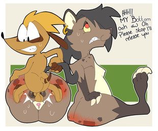 anal anal_penetration anthro anus backsack balls biped black_hair black_markings black_nose bodily_fluids breasts brown_body brown_fur cheek_tuft claws clenched_teeth dialogue dot_eyes duo ear_piercing ear_ring facial_tuft female female_penetrated finger_claws fur genitals gloves_(marking) hair interspecies larger_female leg_markings looking_at_another looking_at_partner looking_up male male/female male_penetrating male_penetrating_female markings nipples nude penetration penile penile_penetration penis_in_ass piercing red_eyes ring_piercing sex sharp_teeth short_hair simple_background simple_eyes size_difference small_breasts small_top_big_bottom smaller_male socks_(marking) spank_marks sweat tail tail_grab teeth text toe_claws tuft vulva nanuna leena_(potateymatey) marley_(potateymatey) herpestid hyena mammal meerkat 2026 english_text