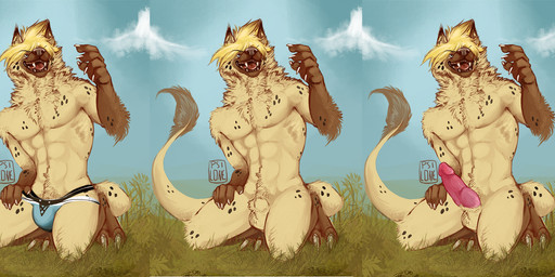 abs animal_genitalia anthro balls blonde_hair blue_eyes brown_body brown_fur bulge clothed clothing erection fully_sheathed fur genitals grass hair hybrid_genitalia hybrid_penis jockstrap jockstrap_only kneeling knot knotted_penis male male_anthro markings muscular muscular_anthro muscular_male nude nude_anthro nude_male open_mouth open_smile outside pecs penis pink_penis plant pubes sheath smile solo spots spotted_body spotted_fur tail tan_body tan_fur teeth tongue topless topless_anthro topless_male underwear underwear_only i-psilone rareel hybrid hyena mammal 2017 hi_res multiple_images