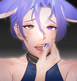 ambiguous_gender bodily_fluids clothing crying ears_down eyebrows eyelashes fangs hair hand_on_face heterochromia human_and_animal_ears inner_ear_fluff lips markings mole_(marking) multi_ear open_mouth pivoted_ears pupils purple_hair short_hair slit_pupils solo submissive submissive_humanoid tan_body tan_skin tears teeth tongue topwear tuft rechkasan nu:_carnival kuya_(nu:_carnival) animal_humanoid canid canid_humanoid canine canine_humanoid fox_humanoid humanoid mammal mammal_humanoid bust_portrait hi_res portrait