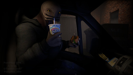 beverage burger car clothed clothing container cup disposable_cup drinking female food grey_body holding_beverage holding_burger holding_food holding_object inside_car inside_vehicle mandibles pupils slit_pupils solo vehicle yellow_eyes pompilus-sfm halo_(series) microsoft xbox_game_studios alien sangheili 16:9 3d_(artwork) 4k absurd_res colored digital_media_(artwork) hi_res widescreen