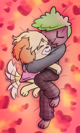 3_fingers 3_toes >w< ambiguous_gender anthro barefoot bed blonde_hair blush blush_lines bottomless bottomwear clothed clothing collarbone cuddling duo feet female fingers fur furniture green_hair grey_body grey_bottomwear grey_clothing grey_pants grey_shirt grey_skin grey_topwear hair heart_symbol hug intersex intersex/female kiss_on_forehead kissing leaf leaf_hair long_sleeve_shirt long_sleeves messy_hair on_bed orange_background orange_blush orange_ears pajama_pants pajamas pants paws pink_clothing pink_shirt pink_topwear plant plant_hair pseudo_hair selfship shirt simple_background size_difference t-shirt tail tail_motion tailwag toes topwear tree uwu yellow_body yellow_fur yumeship wdkinc animal_crossing nintendo isabelle_(animal_crossing) woodock elemental_creature elemental_humanoid flora_fauna humanoid plant_humanoid treant tree_humanoid 3:5 hi_res