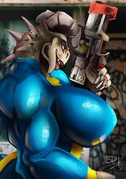 anthro big_breasts breasts clothed clothing costume detailed_background female horn huge_breasts lips looking_at_viewer muscular muscular_anthro muscular_female open_mouth sharp_teeth side_boob smile solo spikes standing teeth vault_suit weapon yellow_eyes djpuppeh fallout microsoft gnah'toshah deathclaw scalie 2017 absurd_res colored hi_res signature