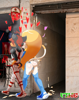 anthro big_butt blonde_hair bodily_fluids butt clothing cum cum_on_clothing cum_on_ground cum_on_panties cum_on_underwear cum_on_vulva cum_on_wall duo female genital_fluids hair love male male/female panties pose red_hair romantic romantic_couple underwear cranebear a_chance_encounter jessica_young_melis ryuichi_kiwamelu canid canine felid feline mammal absurd_res hi_res meme pinup