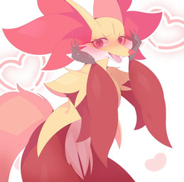 ambiguous_gender anthro blush blush_lines blushing_profusely cheek_tuft claws facial_tuft fur heart_symbol looking_at_viewer red_body red_eyes red_fur red_nose simple_background smile smiling_at_viewer solo tail teeth teeth_showing tongue tuft white_body white_fur yellow_body yellow_fur rullu_1507 nintendo pokemon delphox generation_6_pokemon pokemon_(species) colored hi_res shaded