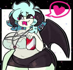 2_horns beverage_can big_breasts black_bottomwear black_clothing black_horn black_sclera black_shorts black_wings blue_hair bottomwear breasts can chest_harness clothed clothed_female clothing container curved_horn female fingers forked_tongue front_view hair harness heart_symbol holding_can holding_container holding_object horn hotpants looking_aside membrane_(anatomy) membranous_wings pasties pupils shorts slightly_chubby slightly_chubby_female snaggle_tooth solo thick_thighs three-quarter_view tongue tongue_out translucent translucent_clothing translucent_topwear white_body white_pupils white_skin wide_hips wings qwerty_soda opaluva_(character) demon demon_humanoid horned_humanoid humanoid 2022 animated digital_media_(artwork) loop no_sound portrait short_playtime three-quarter_portrait webm