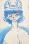 anthro blue_body blue_fur blue_hair blush breasts female fur hair looking_away nude shy simple_background smile solo white_body white_fur ppmp nintendo star_fox krystal_(star_fox) canid canine fox mammal absurd_res hi_res traditional_media_(artwork)