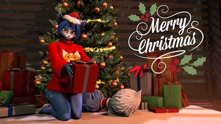 anthro blue_body blue_ears blue_fur blue_hair box christmas_clothing christmas_headwear christmas_tree clothed clothing container female fur gift_box hair hat headgear headwear holding_object holidays inside kneeling plant red_clothing red_topwear santa_hat text topwear tree lolla4567 warfaremachine_(modeler) christmas nintendo star_fox krystal_(star_fox) warfare_krystal canid canine fox mammal 16:9 2022 3d_(artwork) 4k absurd_res digital_media_(artwork) english_text hi_res widescreen