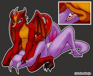 2_penises anthro cunnilingus duo female genitals green_eyes male male/female multi_genitalia multi_penis non-mammal_vulva oral penis purple_body red_body sex text vaginal vulva ythological_scalie darkadibuja mythology dragon mythological_creature mythological_scalie scalie artist_name hi_res