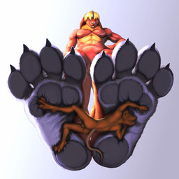 3_toes 4_toes abs anthro backsack balls barefoot biped black_claws black_pawpads blonde_hair blue_eyes brown_body brown_fur claws dominant duo extreme_size_difference feet foot_fetish foot_focus foot_play fur genitals hair hindpaw larger_male licking low-angle_view macro male male/male male_anthro micro muscular muscular_anthro muscular_male nude orange_body orange_fur pawpads paws pecs plantigrade red_body red_fur simple_background size_difference smaller_anthro smaller_male soles tail toe_claws toes tongue white_background allandox cirez wafflemouse lagomorph leporid mammal mouse murid murine rabbit rat rodent hi_res