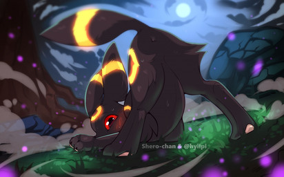 ambiguous_gender anus anus_only black_body black_fur blush butt feral forest forest_background fur glowing glowing_markings looking_at_viewer markings moon nature nature_background night nude plant presenting presenting_hindquarters red_eyes solo tree hyilpi shero-chan nintendo pokemon eeveelution generation_2_pokemon mammal pokemon_(species) umbreon digital_media_(artwork) shaded