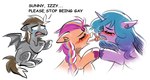 blush bodily_fluids crying duo female female/female feral fur grey_body grey_fur hoof_holding horn humor kissing male purple_body purple_fur tears text anonymous_artist hasbro mlp_g5 my_little_pony mythology devin_(thegreybatpone) izzy_moonbow_(mlp) sunny_starscout_(mlp) bat_pony earth_pony equid equine horse mammal mythological_creature mythological_equine pony unicorn english_text meme