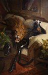 anthro black_nose blue_eyes brown_body brown_fur clothed clothing fur hair looking_at_viewer male open_mouth sitting teeth tongue topless whiskers white_hair nomax felid mammal pantherine 2022 digital_media_(artwork) hi_res