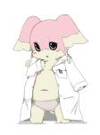 anthro biped blush clothing coat female lab_coat looking_at_viewer navel panties pose simple_background solo standing topwear underwear white_background yatosuke nintendo pokemon audino generation_5_pokemon pokemon_(species) 3:4