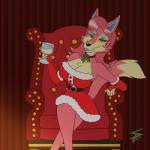 anthro beverage big_breasts biped breasts chest_tuft cleavage clothed clothing dress eggnog female fur hair holidays kissing_bough looking_at_viewer mistletoe pink_body pink_fur pink_hair plant sitting solo tuft sparkpad animal_crossing christmas nintendo freya_(animal_crossing) canid canine canis mammal wolf 1:1 2019