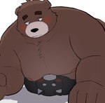 anthro black_body black_fur blush brown_body brown_fur duo fur kemono lying male moobs nipples overweight overweight_male simple_background size_difference 9dtq0 bear domestic_cat felid feline felis mammal 2025 absurd_res hi_res