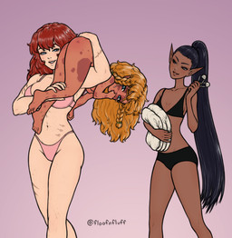 black_hair blonde_hair bottomless bra breasts butt clothed clothing diaper embarrassed female group hair holding_another holding_diaper looking_at_another looking_at_viewer nude pointy_ears red_butt red_hair safety_pin shortstack simple_background spanked_butt sucking thong thumb_suck touching_diaper trio underwear walking floofnfluff guild_wars magister_jezza asura human mammal absurd_res hi_res