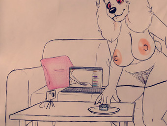anthro areola big_ears breasts camera computer electronics female fur furniture group laptop macro micro nipples nude plate pubes sofa table white_body white_fur bredlaybagordh olannah canid canine canis domestic_dog mammal traditional_media_(artwork)