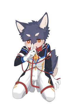 5_fingers anthro aroused aroused_face aroused_smile bdsm bent_legs blush blush_lines bondage bound bulge clothing collar detailed_bulge erection erection_under_clothing eyebrows featureless_feet feet finger_to_mouth fingers fur genital_outline genitals grey_body grey_fur grey_tail head_tuft heart_eyes heart_symbol hypnosis kneeling latex latex_clothing latex_skinsuit leash leashed_collar looking_at_viewer male mind_control penis penis_outline presenting presenting_penis red_collar red_rope restraints rope rope_bondage simple_background skinsuit smile smiling_at_viewer solo spread_legs spreading superhero_costume tail teasing teasing_viewer tenting tight_clothing tuft white_background white_body white_eyebrows white_fur young young_anthro young_male ygzzq canid canine canis mammal wolf hi_res