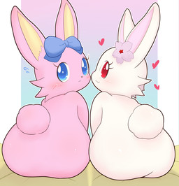 accessory anthro blue_eyes blush bow_ribbon butt butt_focus duo facial_tuft female female_anthro flower flower_in_hair fur hair hair_accessory hair_bow hair_ribbon heart_symbol looking_at_viewer looking_back looking_back_at_viewer pink_body pink_fur plant red_eyes ribbons tuft white_body white_fur bluehiyokobunny jewelpet sanrio sega sega_fave luna_(jewelpet) ruby_(jewelpet) lagomorph leporid mammal rabbit absurd_res hi_res