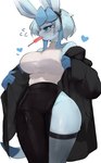 anthro big_breasts blue_hair breasts clothed clothing eeveelution female food fur generation_4_pokemon glaceon hair heart_symbol hi_res legwear mammal nintendo pokemon pokemon_(species) popsicle popsicle_in_mouth simple_background solo stockings tail thick_thighs white_body white_fur yoru_vida