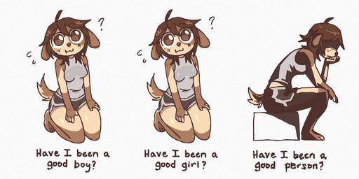 :3 anthro bottomwear brown_body brown_fur brown_hair clothing female freckled_face freckles fur good_boy good_girl hair humor pleading_eyes shorts sleeveless_shirt snaggle_tooth solo tan_body tan_fur text emipaws emi_(emipaws) canid canine mammal absurd_res cel_shading digital_media_(artwork) english_text hi_res meme shaded