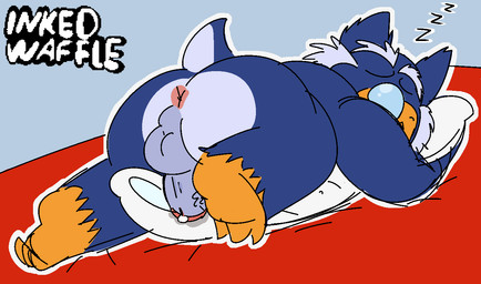 3_claws anthro anus bodily_fluids body_pillow bubble butt butt_focus claws eyes_closed genital_fluids hug hugging_object hugging_pillow leaking_precum male nude overweight overweight_male pillow pink_anus precum short_tail simple_background sketchy sleeping snot snot_bubble solo tail inked-waffle pen-pen_(rawk-hawpper) avian bird crested_penguin penguin rockhopper_penguin