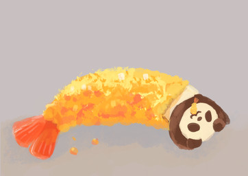 ambiguous_gender black_body black_fur black_nose chibi eating food fried_shrimp fur semi-anthro simple_background solo white_body white_fur araru bear giant_panda mammal 2020 absurd_res hi_res