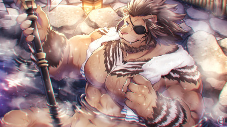5_fingers anthro biped brown_body brown_fur brown_hair claws dripping eye_patch eyewear fangs finger_claws fingers fur hair holding_object hot_spring lamp lantern male muscular muscular_anthro muscular_male navel nipples nude partially_submerged pecs rock solo teeth towel towel_around_neck water wet hinami final_fantasy final_fantasy_xiv square_enix felid hrothgar mammal 16:9 hi_res widescreen