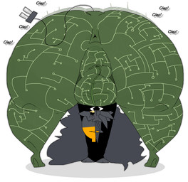 1_ear 1_eye antennae_(anatomy) anthro anus ass_clapping balls big_balls big_butt big_penis black_tie_(suit) butt butt_focus clapping clothed clothing cybernetics downward_dog feet fur genitals green_body grey_body grey_fur grey_hair hair long_hair machine male motherboard onomatopoeia penis presenting presenting_hindquarters small_feet solo sound_effects suit text wide_hips wire_tail yellow_eyes hy_polaris hy-3_(hy_polaris) robot