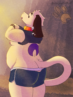 ambiguous_gender anthro bottomwear clothed clothing clothing_lift collar furgonomic_bottomwear furgonomics hotpants long_tail nipples overweight shirt shirt_lift shorts slightly_chubby solo standing tail topwear speckostardust nintendo pokemon speck_(speckostardust) canid canine canis domestic_dog generation_2_pokemon mammal pokemon_(species) smeargle 3:4 absurd_res hi_res nonbinary_(lore)