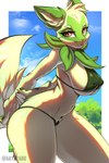 anthro anthrofied bedroom_eyes big_breasts bikini biped blep breasts camel_toe clothed clothed_anthro clothed_female clothing cloud day detailed_background female fingers fur green_bikini green_body green_clothing green_fur green_swimwear half-closed_eyes head_turned humanoid_hands inner_ear_fluff looking_at_viewer midriff narrowed_eyes navel nipple_outline outside pokemorph pose red_eyes seductive shadow side_boob skimpy solo standing swimwear text thick_thighs tongue tongue_out tuft two-piece_swimsuit under_boob wide_hips ayuyabo nintendo pokemon generation_9_pokemon pokemon_(species) sprigatito 2022 artist_name colored hi_res pinup portrait shaded three-quarter_portrait