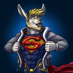 anthro beard blonde_beard blonde_facial_hair blonde_hair blue_bodysuit blue_clothing blue_skinsuit bodysuit cape clothed clothing facial_hair facial_piercing front_view grey_clothing grey_jacket grey_topwear hair jacket lip_piercing male male_anthro muscular muscular_anthro muscular_male open_mouth pattern_background piercing pink_tongue red_cape red_clothing short_hair simple_background skinsuit snakebite_piercing solo superhero_costume superman_logo tight_clothing tongue topwear whiskers yellow_eyes hufnaar kangaroo macropod mammal marsupial 1:1 2020 dated half-length_portrait portrait