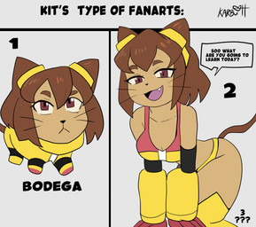 anthro bikini breasts brown_body brown_eyes brown_hair clothing dialogue eyebrows eyelashes eyewear eyewear_on_head fangs female feral goggles goggles_on_head hair open_mouth open_smile smile solo swimwear teeth text two-piece_swimsuit whiskers karbuitt gameoverse glitch_productions kit_bodega domestic_cat felid feline felis mammal 2026 absurd_res english_text hi_res