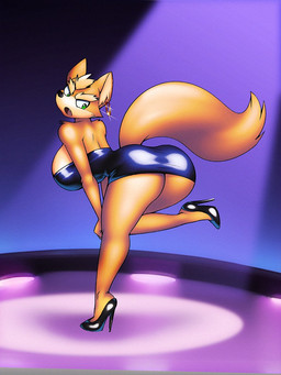 anthro big_breasts big_butt black_background black_clothing black_dress black_footwear black_high_heels breasts butt clothed clothing crossgender curvy_figure dress ear_piercing ear_ring exposure_variation eyebrows female fluffy fluffy_tail footwear fur glistening glistening_clothing green_eyes hair high_heels hoop_ear_ring hourglass_figure leaning leaning_forward looking_back mtf_crossgender on_one_leg open_mouth piercing ring_piercing shoes simple_background solo spotlight stage standing stiletto_heels tail tan_body tan_fur tan_hair thick_eyebrows wide_hipped_anthro wide_hipped_female wide_hips dracojeff nintendo star_fox fox_mccloud canid canine fox mammal 2023 3:4