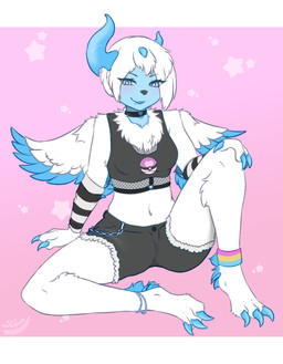 anthro blue_body blue_claws bottomwear breasts claws clothing female fur horn navel shorts simple_background sitting smile solo white_body white_fur lucynom nintendo pokemon sachie_(lucynom) generation_3_pokemon generation_6_pokemon mega_absol mega_evolution pokemon_(species) 2025 digital_media_(artwork) hi_res