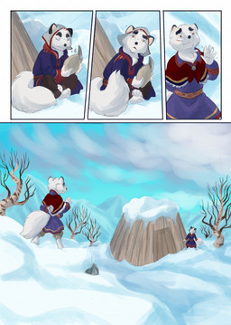 ambiguous_gender anthro blue_sky carving_knife cloud day duo eyes_closed fur holding_object hut knife mountain outside plant scar short_tail sky snow tail tree wave white_body white_fur white_tail bjekkergauken unni_(bjekkergauken) arctic_fox canid canine fox mammal true_fox 2025 colored comic hi_res