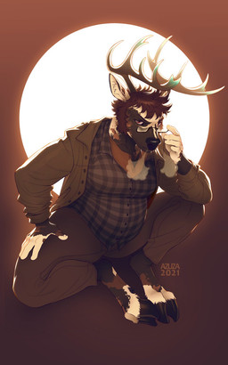 anthro antlers belly big_belly black_hooves bottomwear breath brown_body brown_bottomwear brown_clothing brown_eyes brown_hair brown_jacket brown_pants brown_topwear clothed clothing crouching eyewear female glasses hair hooves horn jacket looking_at_viewer mouth_closed narrowed_eyes pants rectangular_glasses short_hair simple_background solo text topwear white_body azuza deer mammal 2021 artist_name dated full-length_portrait hi_res portrait