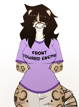 anthro bangs clothing fangs female hair hair_over_eye hands_behind_back leg_scar scar shirt small_waist smile smiling_at_viewer solo teeth thick_thighs thigh_scar topwear wide_hips umbradrawings meme_clothing mishi_green clouded_leopard felid mammal pantherine hi_res meme