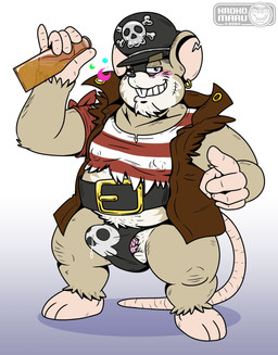 anthro belly biped blush bodily_fluids clothing drunk ear_piercing ear_ring eye_patch eyewear genital_fluids genitals humanoid_hands male overweight overweight_male penis piercing pirate pirate_hat precum ring_piercing scar shirt simple_background solo substance_intoxication topwear underwear wanikami capt'n_verm_scurvytail mammal mouse murid murine rodent 2024 hi_res