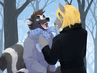 anthro black_clothing black_coat black_nose black_topwear blonde_hair blue_eyes blue_scarf blue_sky brown_hair clothed clothing coat duo fangs fur glistening glistening_eyes green_eyes grey_body grey_clothing grey_fur grey_jacket grey_topwear hair happy jacket male open_mouth open_smile outside pink_tongue plant scarf short_hair sky smile teeth three-quarter_view tongue topwear tree unsigned white_body white_fur corzh77 equid equine horse mammal mephitid skunk 4:3 absurd_res hi_res