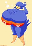 anthro beak big_breasts blue_body breasts cleavage clothed clothing female gesture hand_gesture hand_on_breast huge_breasts hyper hyper_breasts looking_at_viewer non-mammal_breasts one_eye_closed open_beak open_mouth orange_eyes solo thick_thighs topwear v_sign wide_hips moonlightbell busty_bird avian bird corvid corvus_(genus) crow oscine passerine hi_res