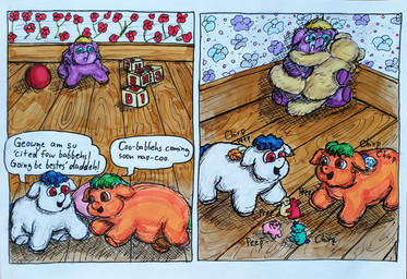 ambiguous_feral ambiguous_gender animal_noises baby_talk ball blonde_hair blue_hair blue_tail bodily_fluids chirping crying dialogue eye_contact female female_feral feral fur green_hair group hair happy hug inside looking_at_another neonate nipples orange_body orange_fur perspective plushie pregnant pregnant_female purple_body purple_fur sad sleeping standing tail tears teats teddy_bear text toy_block white_body white_fur young young_ambiguous young_feral the_master_butcher fluffy_pony fluffy_pony_(species) mammal comic english_description english_text hatching_(art) hi_res shaded traditional_media_(artwork)