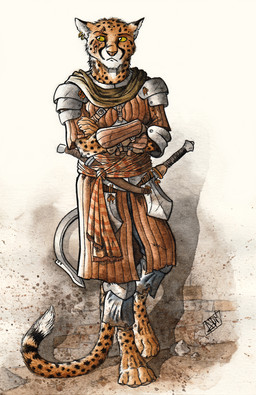 4_toes 5_fingers anthro armor barefoot belt biped bottomwear clothed clothing couter crossed_arms dagger digitigrade ear_piercing ear_ring eye_scar facial_scar feet fingers fully_clothed fur gambeson khopesh looking_aside male markings melee_weapon pants piercing plackart poleyn ring_piercing scabbard scar scarf shadow simple_background solo spaulder spots spotted_body spotted_fur spotted_markings spotted_tail standing striped_markings striped_tail stripes sword tail tail_markings tassets toes torn_bottomwear torn_clothing torn_pants vambrace weapon yellow_eyes 0laffson jaresh_(0laffson) cheetah felid feline mammal 2016 hi_res painting_(artwork) signature traditional_media_(artwork) traditional_painting_(artwork) traditional_watercolor_(artwork) watercolor_(artwork)