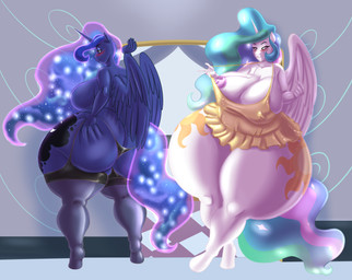 anthro areola big_breasts big_butt biped blue_body breasts butt clothed clothing duo eyelashes female hair horn huge_butt legwear looking_at_viewer looking_back multicolored_hair nipples pupils smile thick_thighs thong topless underwear white_body wings yellow_clothing blues64 marauder6272 friendship_is_magic hasbro my_little_pony mythology princess_celestia_(mlp) princess_luna_(mlp) equid equine mammal mythological_creature mythological_equine winged_unicorn hi_res sibling_(lore) sister_(lore) sisters_(lore)