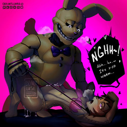 anthro bed belly blush bodily_fluids bodysuit buckteeth clothing cum cum_drip dialogue dripping duo ears_down erect_nipples female furniture genital_fluids leash leash_pull machine male male/female nipples pivoted_ears saliva sex skinsuit small_waist tail teeth text tight_clothing torn_clothing orfisimping five_nights_at_freddy's five_nights_at_freddy's_3 scottgames spring_bonnie_(fnaf) springtrap_(fnaf) animatronic lagomorph leporid mammal rabbit robot 1:1 english_text hi_res