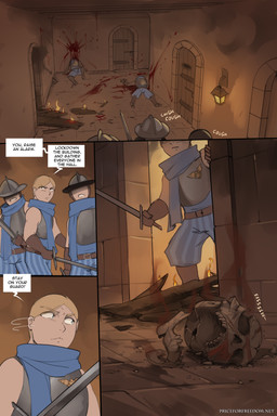 armor blonde_hair blood bodily_fluids bone breastplate clothed clothing corpse death dialogue dialogue_box door gloves group hair handwear headgear helmet holding_object holding_weapon human_only inside light_body light_skin male melee_weapon not_furry skull speech_bubble sword text weapon arbuzbudesh caska_(arbuzbudesh) human mammal 2025 2:3 colored comic english_text hi_res url