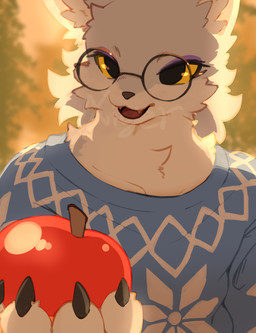 :3 anthro apple black_claws black_eyes black_nose blue_clothing blue_sweater blue_topwear blurred_background cheek_tuft claws clothed clothing collarbone countershade_face countershade_fur countershade_neck countershade_torso countershading cute_fangs eyelashes eyewear facial_tuft fangs finger_claws fingers fluffy food forest front_view fruit fur glasses grey_body grey_fur head_tuft holding_apple holding_food holding_fruit holding_object inner_ear_fluff kemono light looking_at_viewer male male_anthro multicolored_body multicolored_fur open_:3 open_mouth open_smile outside plant smile solo sweater teeth topwear tree tuft two_tone_body two_tone_fur white_body white_countershading white_fur white_inner_ear_fluff yellow_sclera luxiger animal_crossing nintendo fang_(animal_crossing) canid canine canis mammal wolf 2025 absurd_res bust_portrait colored digital_media_(artwork) hi_res lighting portrait signature watermark