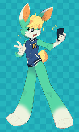 anthro black_eyes blonde_hair blue_background blush bottomless cellphone checkered checkered_background clothed clothing dipstick_ears ear_markings electronics eyebrow_through_hair eyebrows eyelashes featureless_crotch femboy fur gesture gloves_(marking) green_body green_fur hair hand_gesture jacket leg_markings looking_at_object male markings multicolored_ears one_eye_closed open_mouth open_smile pattern_background phone pink_nose scut_tail selfie short_tail simple_background smile socks_(marking) solo sparkles sparkling_character sparkling_eyes tail topwear translucent translucent_hair v_sign wink silver-kinesis animal_crossing nintendo sasha_(animal_crossing) lagomorph leporid mammal rabbit 3:5 digital_media_(artwork) hi_res shaded